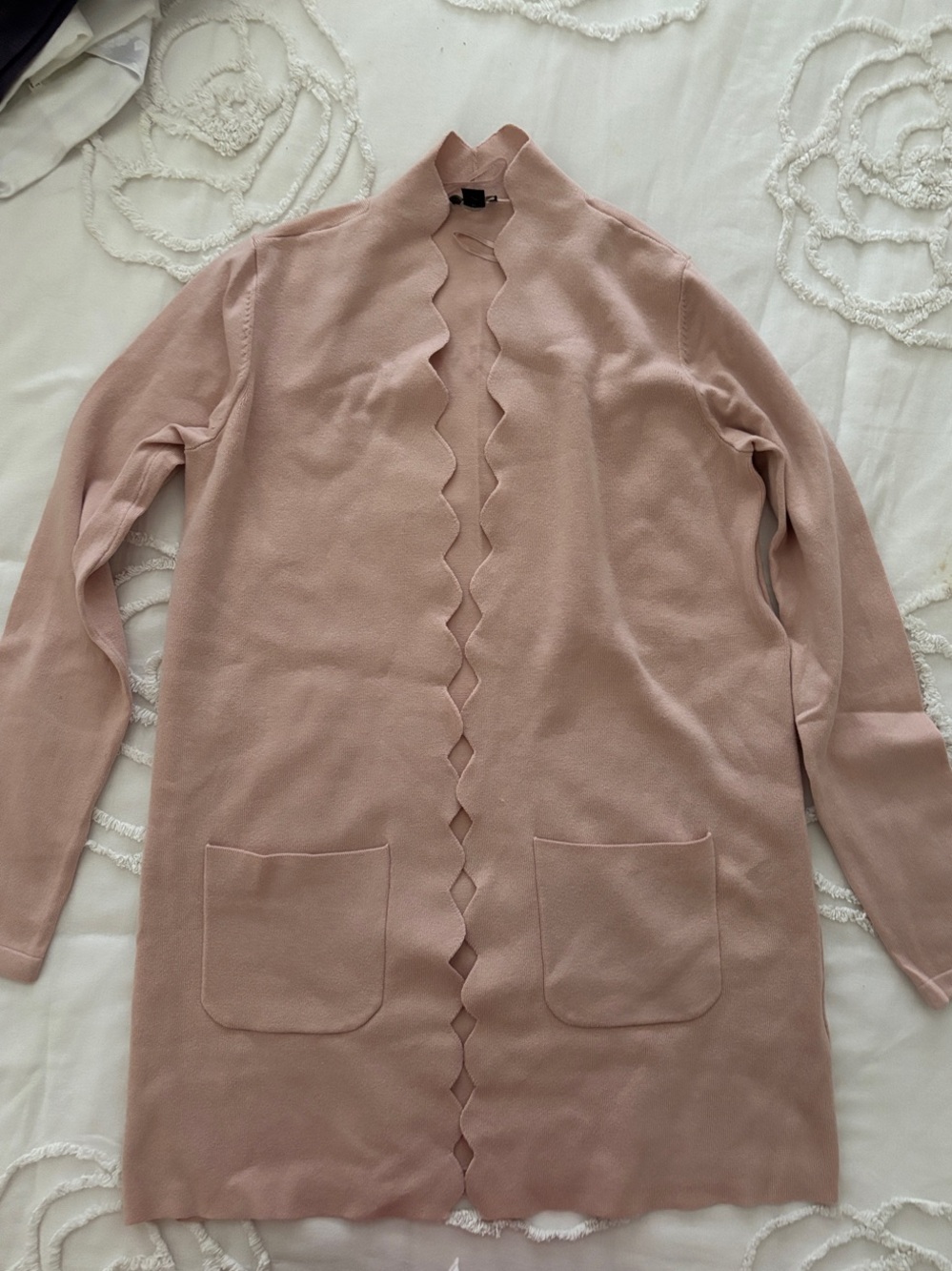 Ann Taylor Blush Pink Long Cardigan with Scalloped Edge